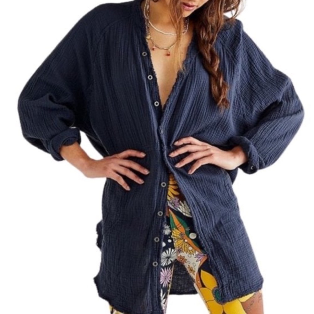 Free People We The Free Summer Daydream Button Down Gauze Shirt Navy Large
